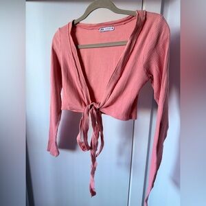 Zara Pink Tie-Front Ribbed Crop Top